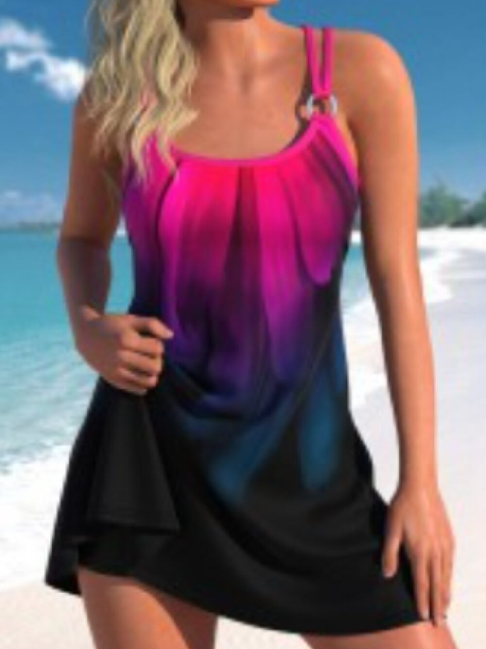 🆕 Modlily Hot Pink and Blue Print Swim Dress, Sz L